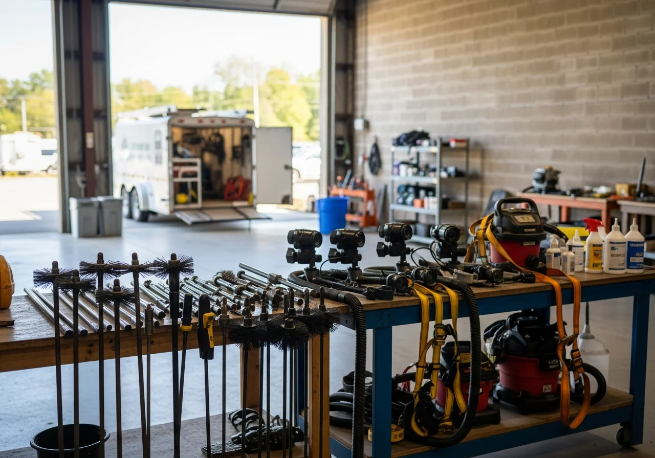Chimney service technician with professional tools and equipment ready for on-site inspection and cleaning work.