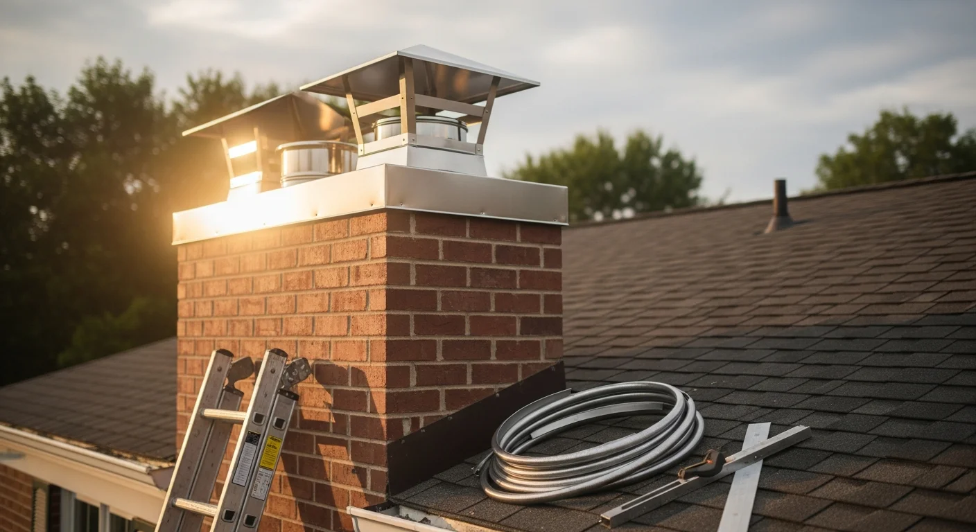 Custom metal chimney cap installed on top of residential chimney