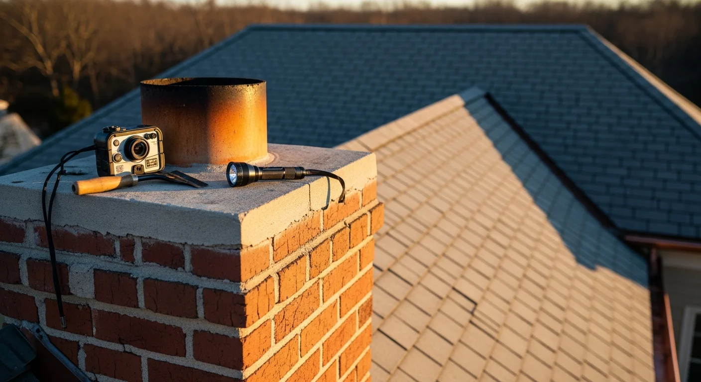 Chimney inspector examining flue and interior chimney structure