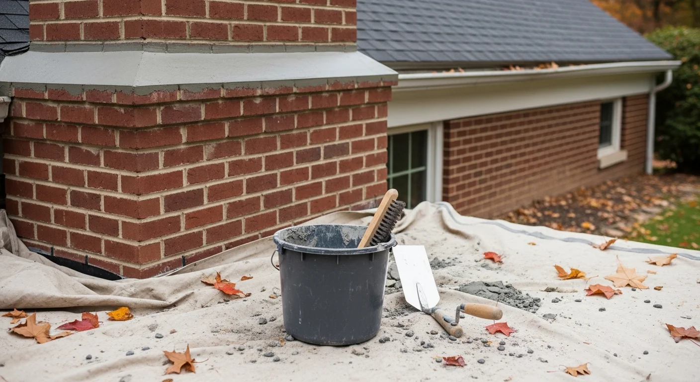 Mason repairing exterior chimney crown and mortar joints