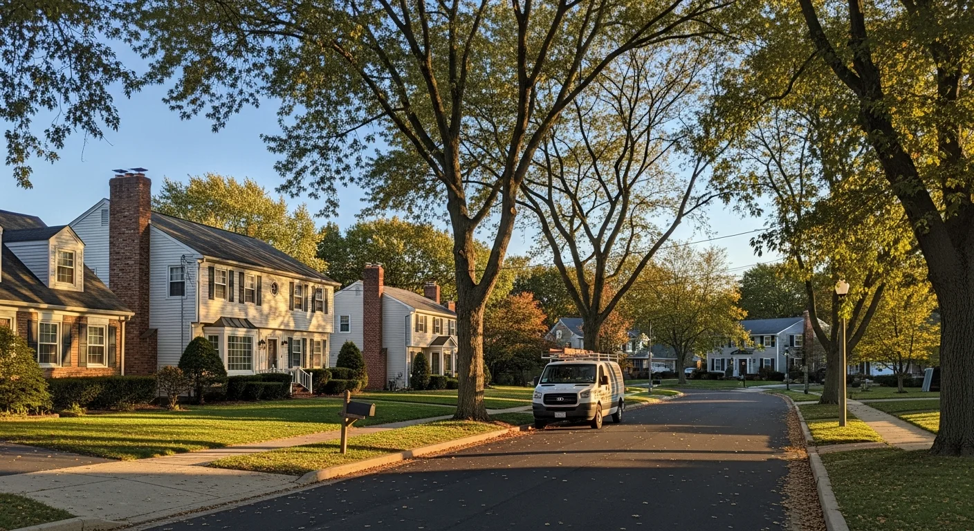 A well-maintained residential street in North Brunswick with tree-lined sidewalks and modern single-family homes.