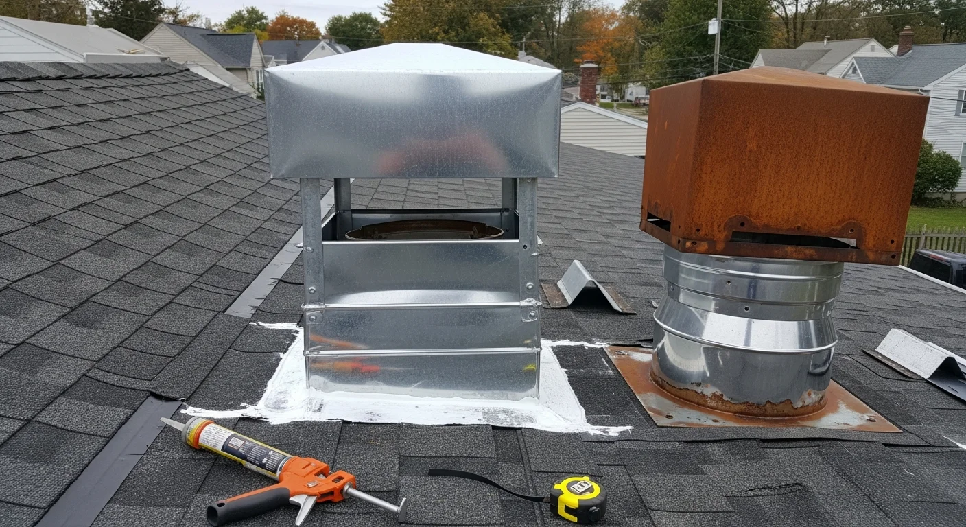 A newly installed metal chimney chase cover fitted over the top of a prefabricated chimney on a residential home in North Brunswick, NJ. The cover sits flush with clean edges and a centered flue pipe opening, with no rust or visible gaps.