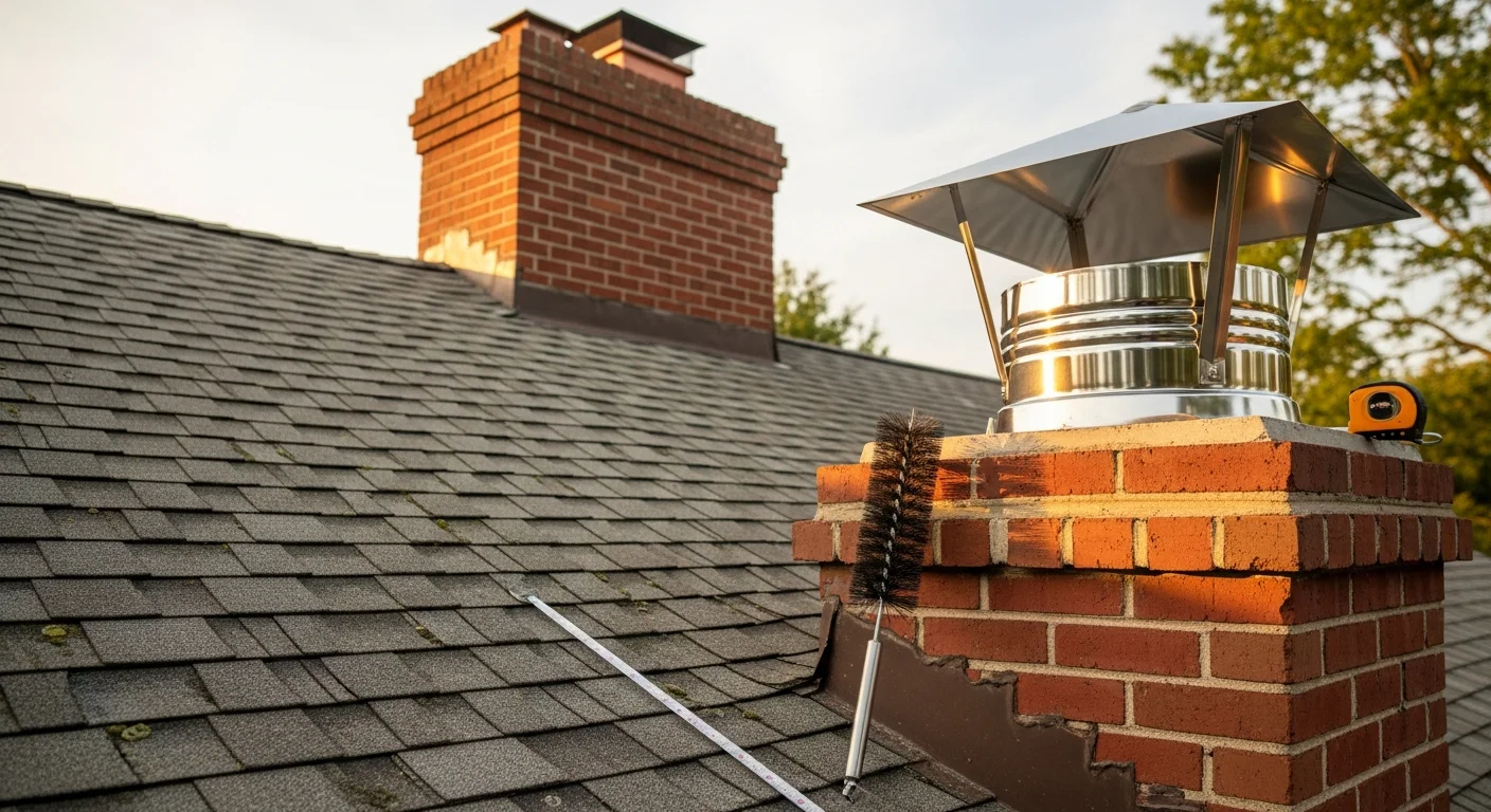 A newly installed chimney cap sitting flush on a brick chimney above a residential roofline in North Brunswick, NJ. The cap's mesh sides are visible, showing full coverage of the flue opening.