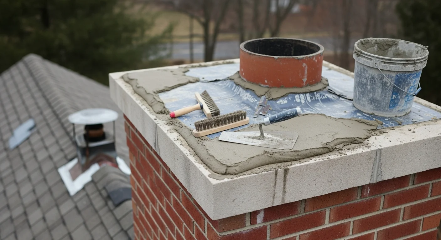 Close-up view of a freshly rebuilt chimney crown on a residential masonry chimney in North Brunswick, NJ. The smooth concrete crown slopes away from the flue liner with clean edges and no visible cracks.