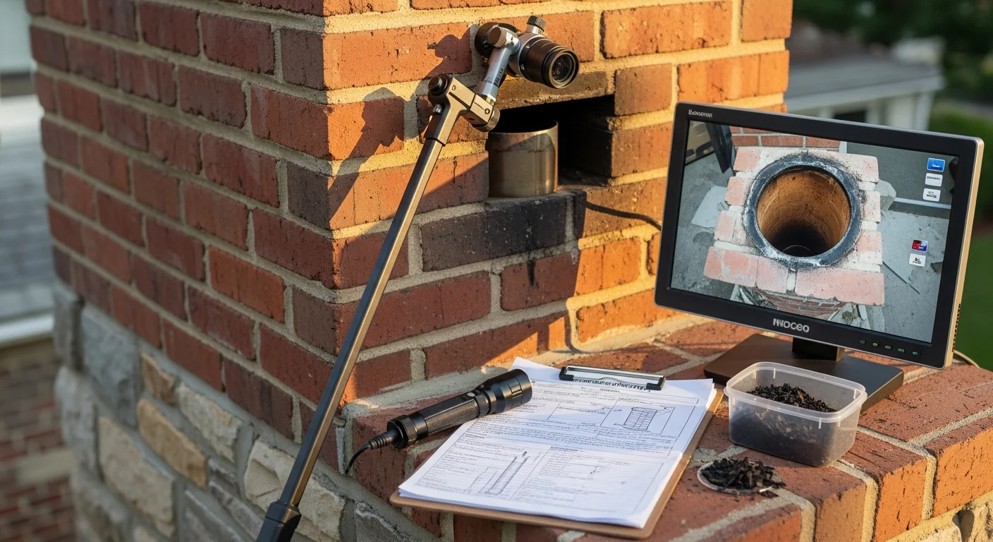 A chimney inspector from Soot Solutions Chimney Service examining the flue and exterior masonry of a colonial-style home in North Brunswick, NJ. The inspection covers the full chimney system from the firebox to the chimney cap.