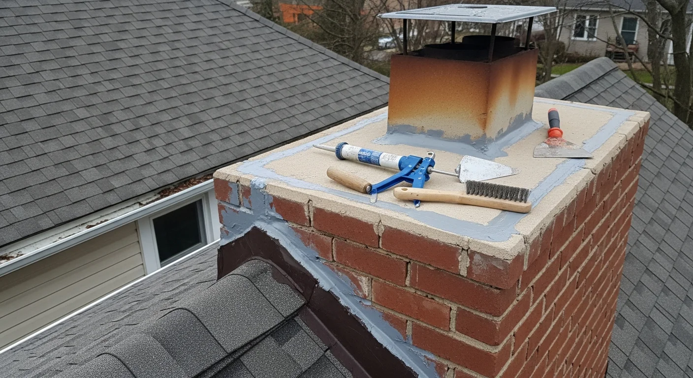 A North Brunswick chimney technician from Soot Solutions Chimney Service inspecting deteriorated flashing and cracked mortar joints at the roofline of a residential brick chimney. Close-up view shows visible water damage and separation between the chimney base and roof surface.