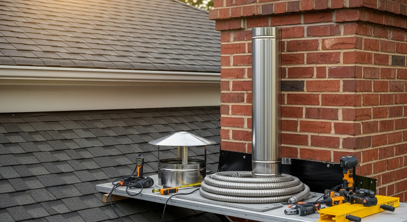 A chimney technician from Soot Solutions Chimney Service lowering a flexible metal liner into a masonry chimney on a single-family home in North Brunswick, NJ. The flue opening and surrounding brick are visible from the rooftop during the installation.