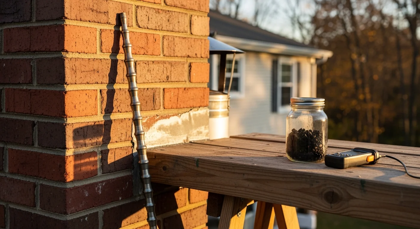 A chimney technician from Soot Solutions Chimney Service inspecting the flue and masonry of a residential chimney on a single-family home in North Brunswick, NJ. The brick chimney crown and cap are visible against a clear sky, showing the exterior condition after a maintenance visit.