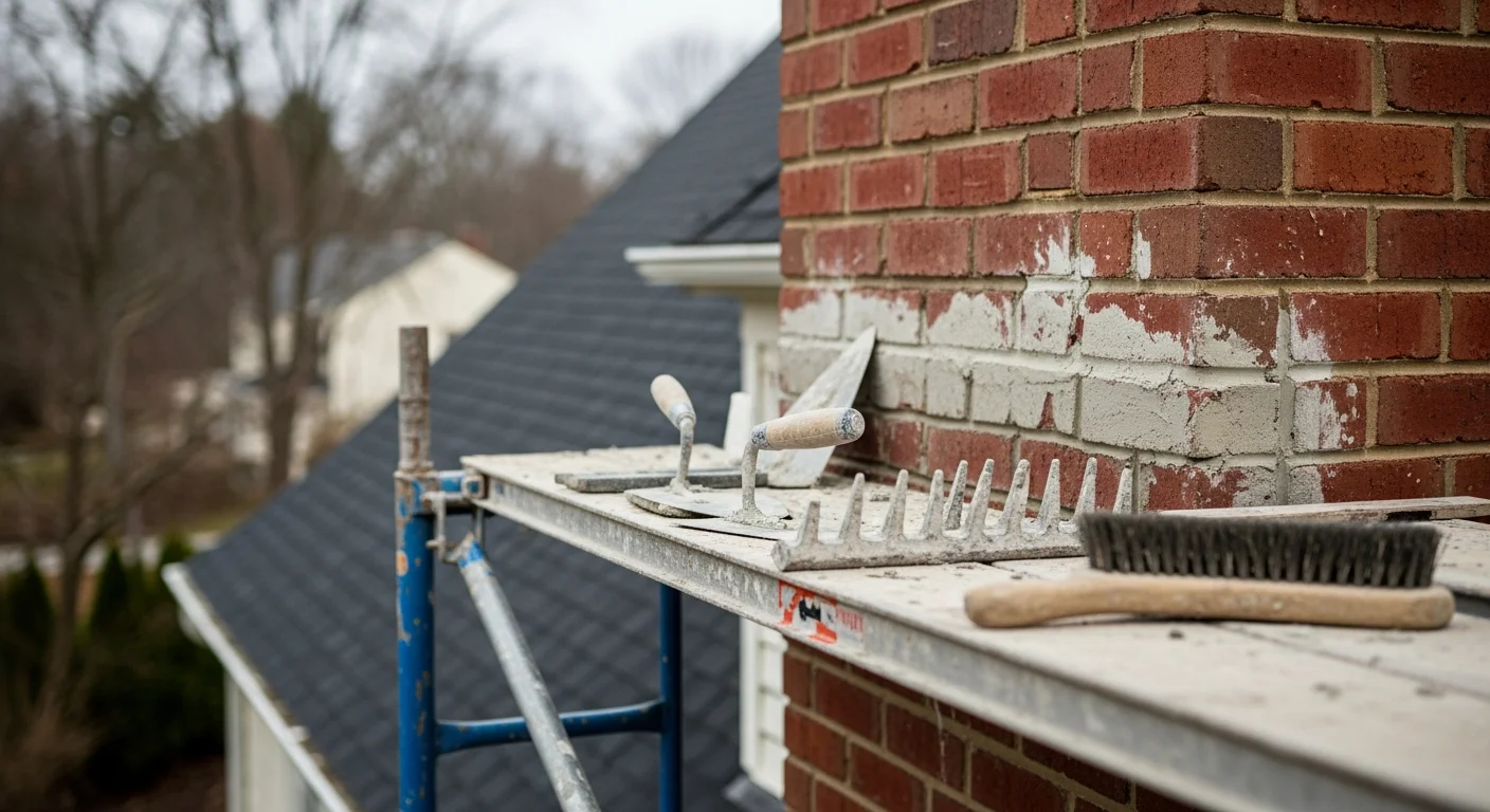 A North Brunswick residential chimney with freshly repointed mortar joints and a rebuilt crown on a colonial-style home. A Soot Solutions Chimney Service technician inspects the completed masonry repair from the roofline.