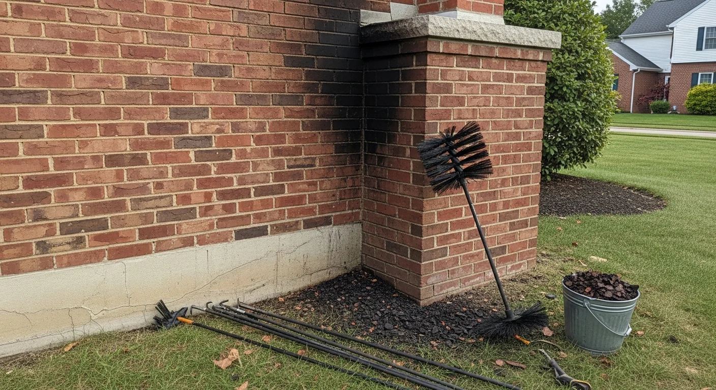 A chimney sweep technician cleaning the flue of a brick fireplace inside a North Brunswick, NJ home. Protective drop cloths cover the hearth area and a vacuum hose runs from the firebox opening.