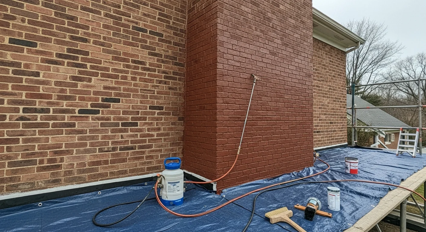A chimney technician applying a clear water repellent treatment to the brick exterior of a residential chimney on a North Brunswick home. The masonry surface shows clean, intact mortar joints after pre-treatment repairs.