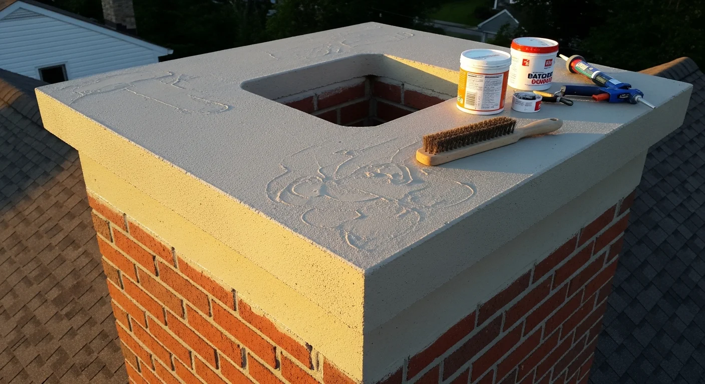 Close-up view of a masonry chimney crown on a residential rooftop in North Brunswick, NJ, with a freshly applied waterproof sealant coating covering repaired surface cracks. The surrounding brick and mortar are visible below the sealed concrete crown.