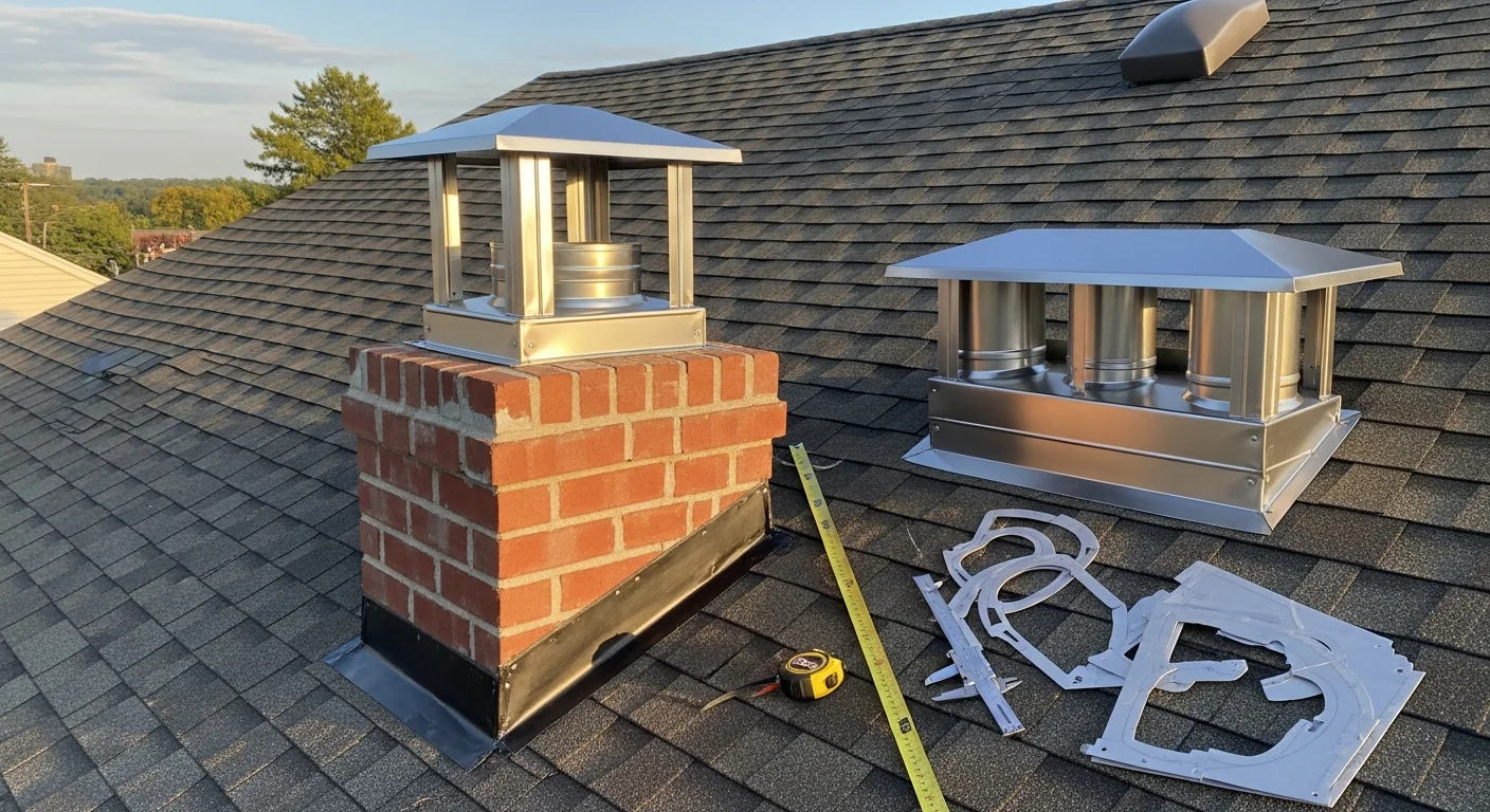 A freshly installed custom chimney cap seated flush on a brick chimney on a residential rooftop in North Brunswick, NJ. The cap covers the full width of the chimney crown with a steel mesh screen visible around the perimeter.
