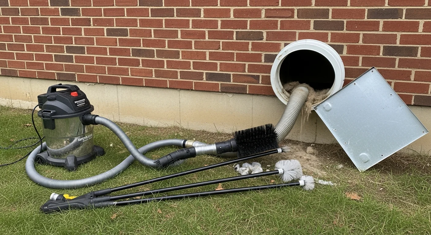 A chimney service technician cleaning a residential dryer vent duct in a North Brunswick home laundry room. The exterior vent hood is visible in the background with airflow restored after lint removal.