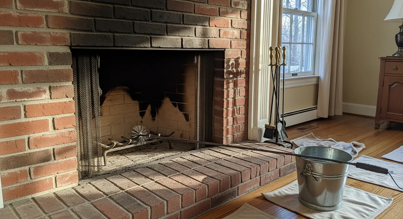 A chimney sweep technician cleaning the firebox and flue of a masonry fireplace inside a single-family home in North Brunswick, NJ. The surrounding hearth is protected with drop cloths and the technician uses professional brushes to remove soot and creosote buildup.