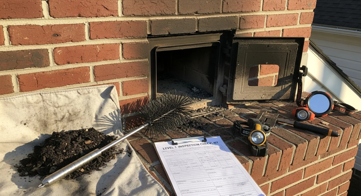 A chimney technician from Soot Solutions Chimney Service cleaning the flue liner and firebox of a wood-burning fireplace insert inside a North Brunswick, NJ home. The work area is protected with drop cloths and a professional vacuum is positioned at the firebox opening.