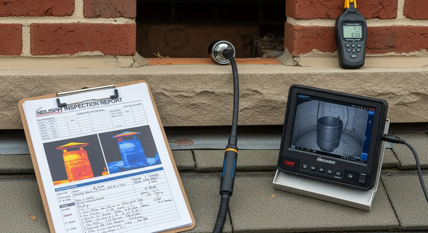 A chimney technician reviewing a video scan monitor showing the interior flue of a residential chimney during a Level 2 inspection at a North Brunswick, NJ home. The screen displays the liner condition captured by the inspection camera.