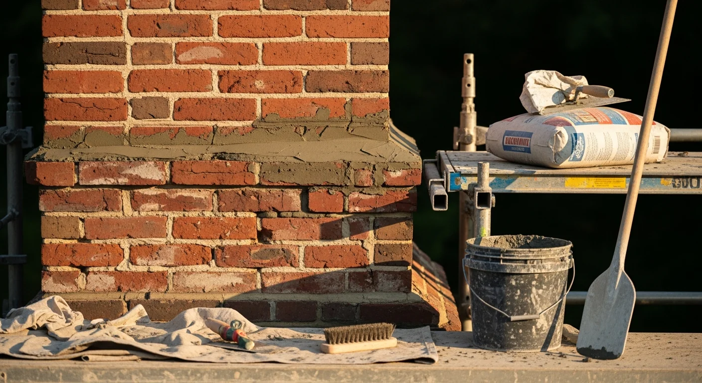 Close-up of a brick chimney on a North Brunswick home showing freshly tuckpointed mortar joints with clean, even lines between the bricks. The repaired chimney face shows consistent mortar color matched to the surrounding masonry.