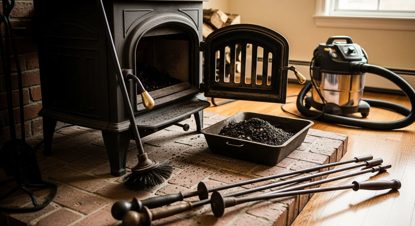 A chimney sweep technician cleaning the flue and stovepipe of a freestanding wood stove inside a North Brunswick single-family home. The work area is covered with drop cloths and professional cleaning tools are visible near the stove.